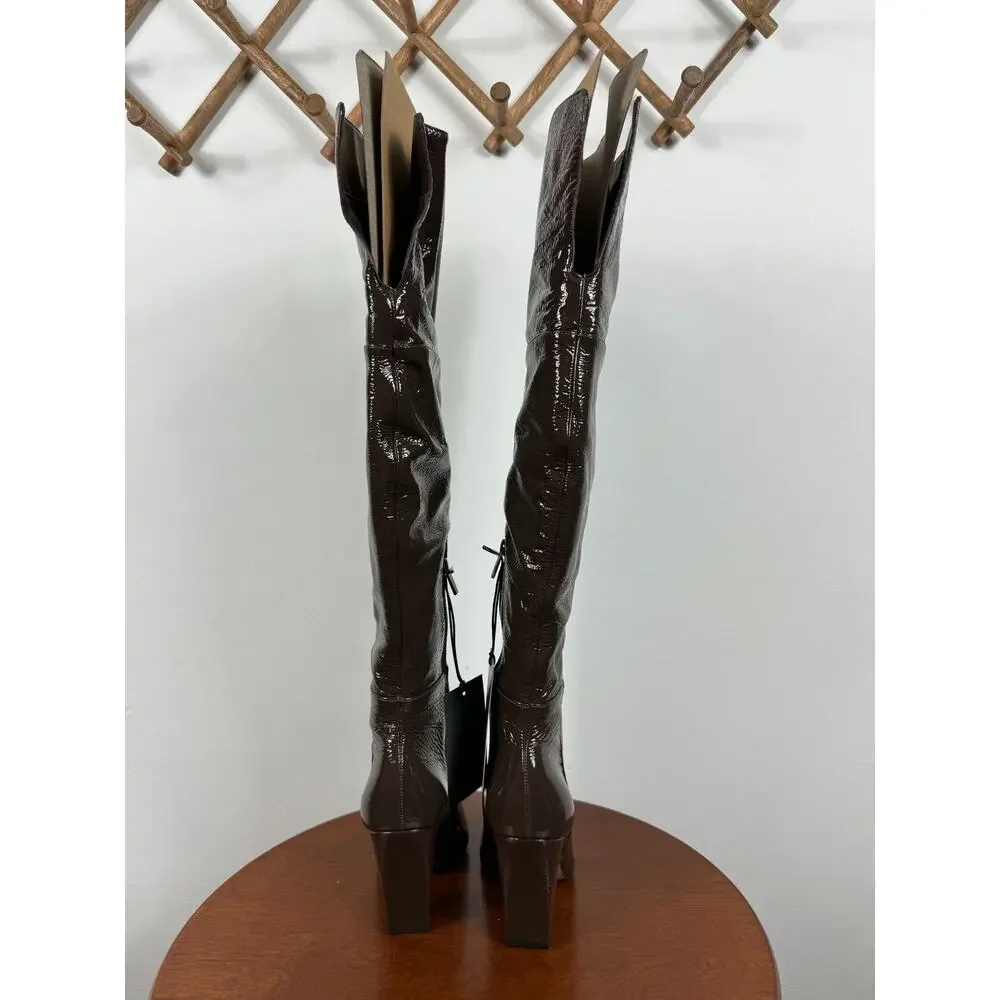 New Vince Camuto Minnada Wide-Calf Over-The-Knee Boot in Root Beer Patent Size 7